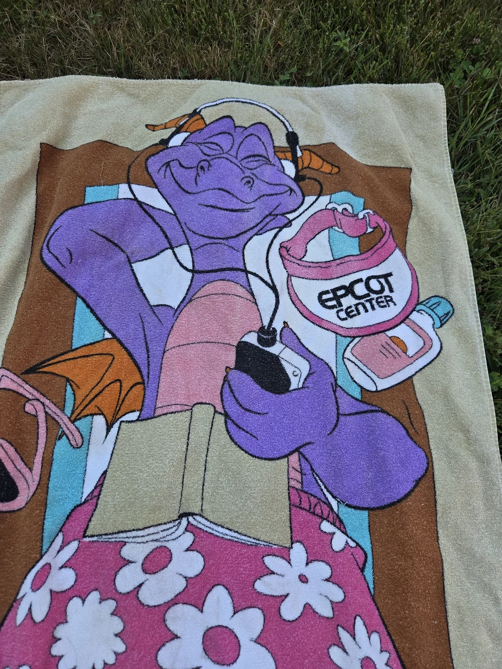 Vintage Rare Disney Purple Figment Beach Towel with Pink Floral Skirt